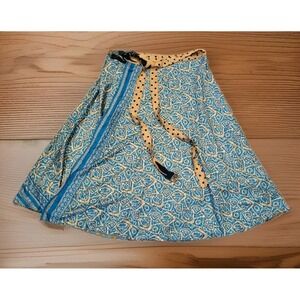 New Darn Good Yarn Sari Silk Reversible Ankle Maxi Wrap Skirt Aqua Tan XL